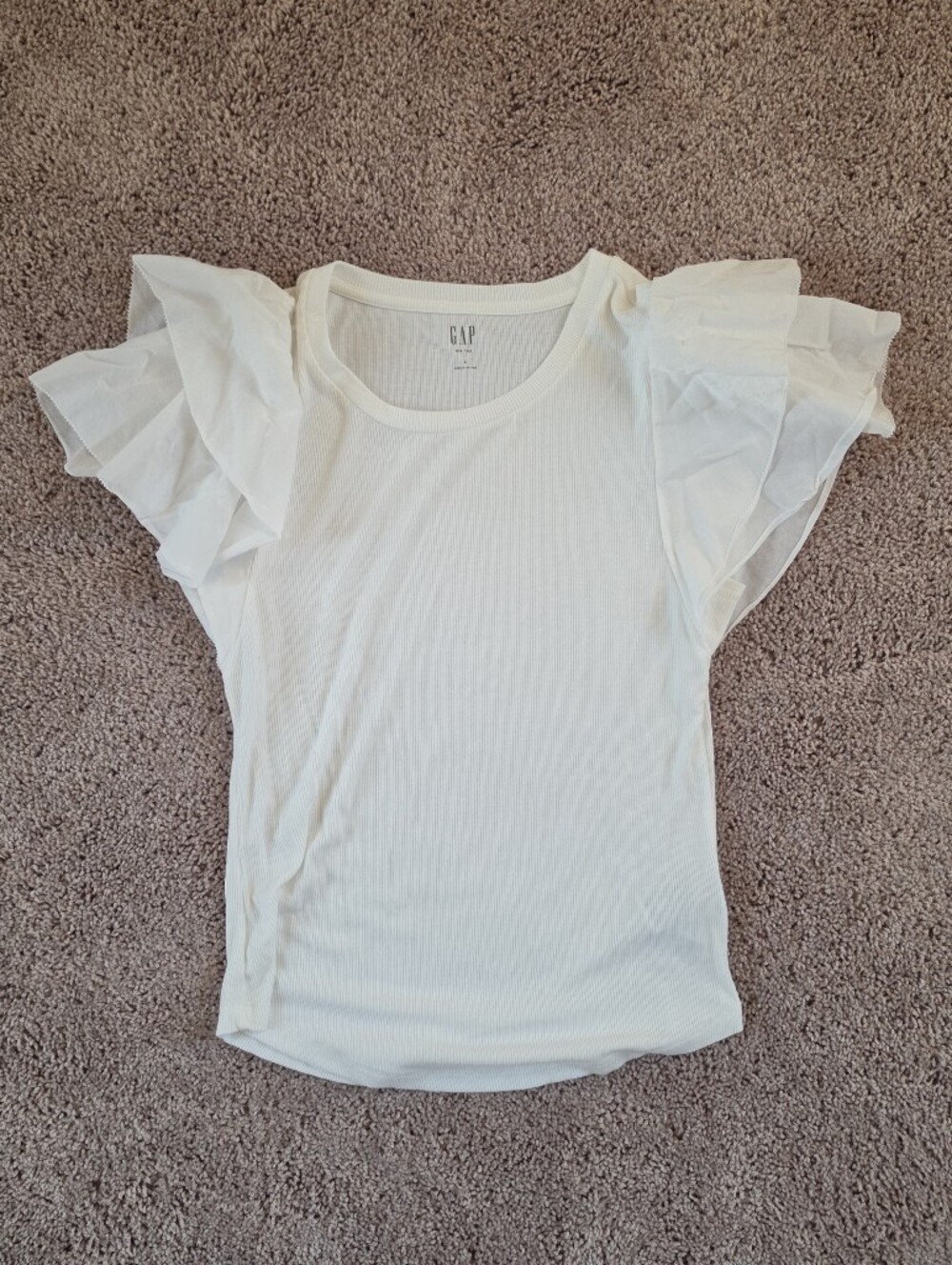 GAP White Ruffle-Sleeve Ribbed Top Large - Picture 1 of 5